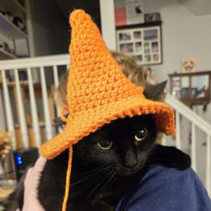 May include: A black cat wearing an orange crocheted witch hat. The hat is cone-shaped with a wide brim and a long orange yarn string. The cat is being held by a person wearing a blue shirt. The cat has yellow eyes.