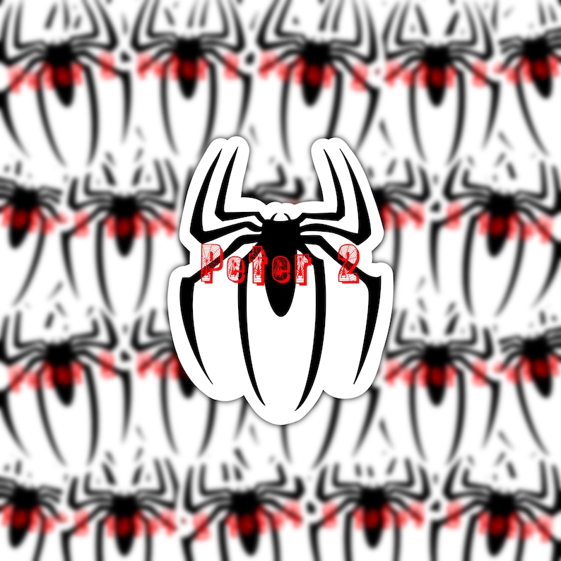 May include: Black and white sticker of a spider with the word "Peter 2" written in red inside the spider's body. The sticker is on a background of repeating black and white spider images.