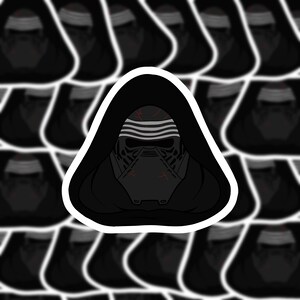 May include: A black and red sticker featuring a close-up of Kylo Ren's face from Star Wars. The sticker is in the shape of a triangle and has a white outline.