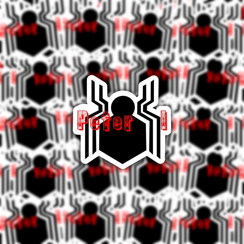 May include: A sticker featuring a black and white spider-themed design with the word "Peter" in red. The sticker has a white border and is set against a repeating pattern of similar spider designs.