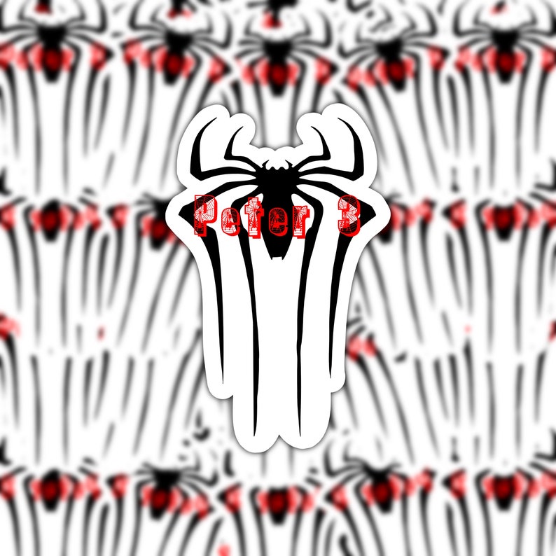 K&ouml;nnte beinhalten: Schwarz-wei&szlig;es Spiderman-Symbol mit dem Text "Peter 3" in Rot.