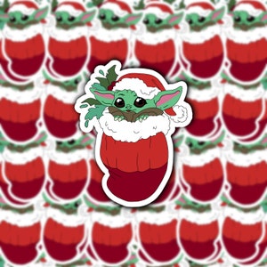 Grogu Stocking / Vacaciones / Baby Yoda / Star Wars / Pegatina de vinilo / BRILLO a prueba de agua / Computadora portátil / Botella de agua