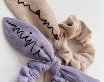 Mama & Mini Embroidered Linen Scrunchie with Tie, New Mama Gift, New Baby Gift, Mama Mini Twinning Gift, Little Girl Gifts