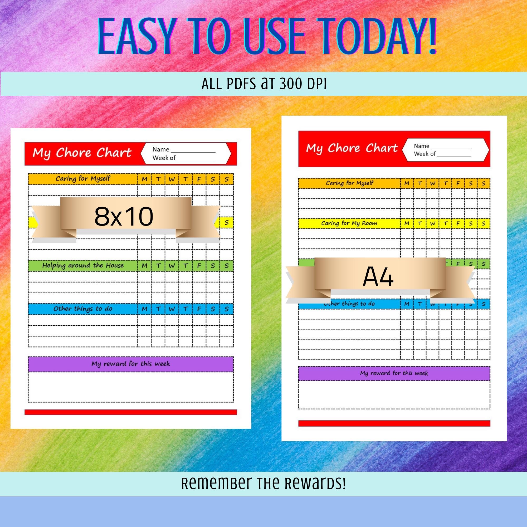 Rainbow Colors Chore Chart, Printable Chore Chart, Children's Chore ...
