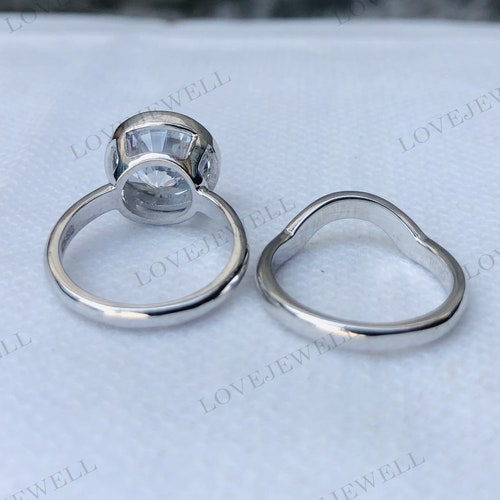 5.10CT White Round Cut Bezel Set Diamond Wedding Engagement Ring With Matching Band Set shops Solid 925 Sterling Silver, Wedding Bridal Ring Set