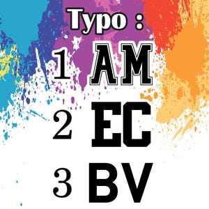 Peut inclure: Une composition graphique colorée avec le mot "Typo" et des combinaisons de lettres numérotées : AM, EC, BV, FD, RD et SP. Le fond présente des éclaboussures de peinture vives dans diverses couleurs, notamment le violet, l'orange, le jaune et le bleu. Le design inclut le texte "DAT UT DESIGN".