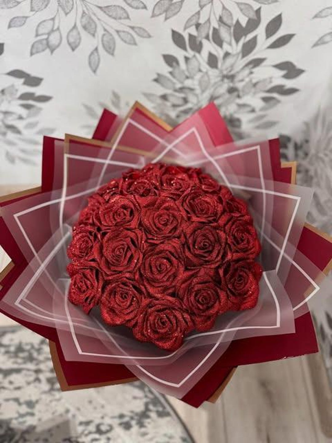 Custom Red Eternal Rose With Glitter, Bouquet of Artificial Flowers ...