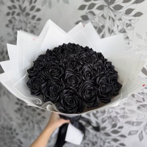 Black Eternal Roses in Custom Wrapper, Bouquet Artificial Flowers, Customizable Ramo Buchon, Satin Ribbon Rose Everelasting Flower