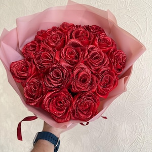 Custom Red Eternal Rose With Glitter, Bouquet of Artificial Flowers, Customizable Ramo Buchon, Satin Ribbon Rose, Everelasting Flower