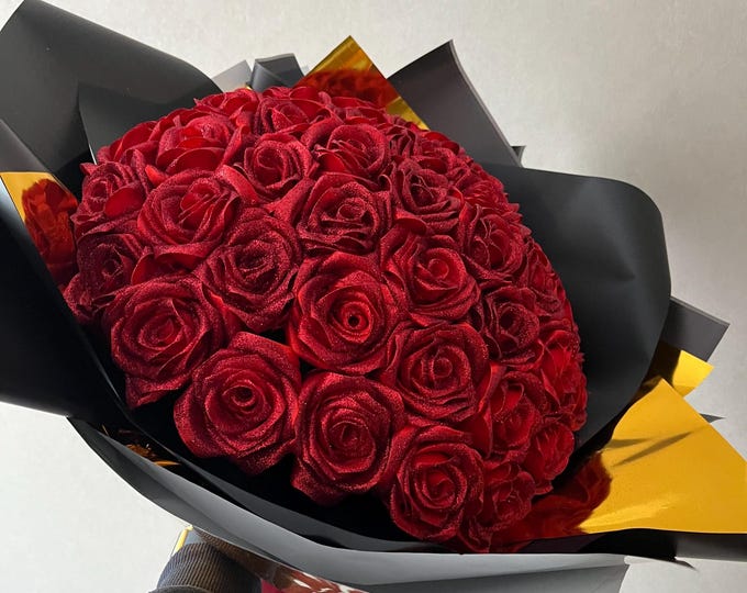Custom Red Eternal Rose With Glitter, Bouquet of Artificial Flowers, Customizable Ramo Buchon, Satin Ribbon Rose, Everelasting Flower