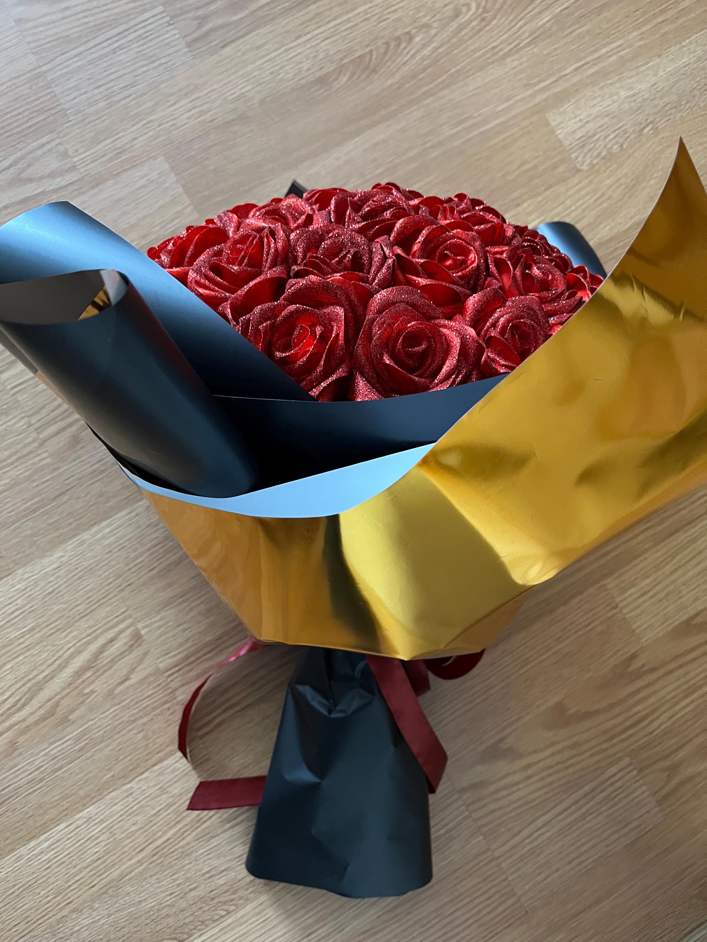 Red Ribbon Rose Ramo Custom Red Eternal Rose With Glitter, Bouquet of Artificial Flowers ...