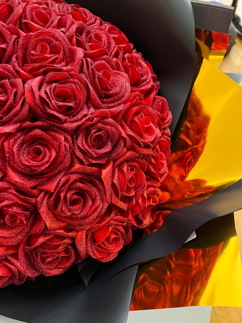 Custom Red Eternal Rose With Glitter, Bouquet of Artificial Flowers ...