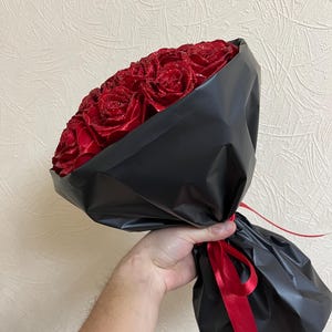 Custom Red Eternal Rose With Glitter, Bouquet of Artificial Flowers, Customizable Ramo Buchon, Satin Ribbon Rose, Everelasting Flower
