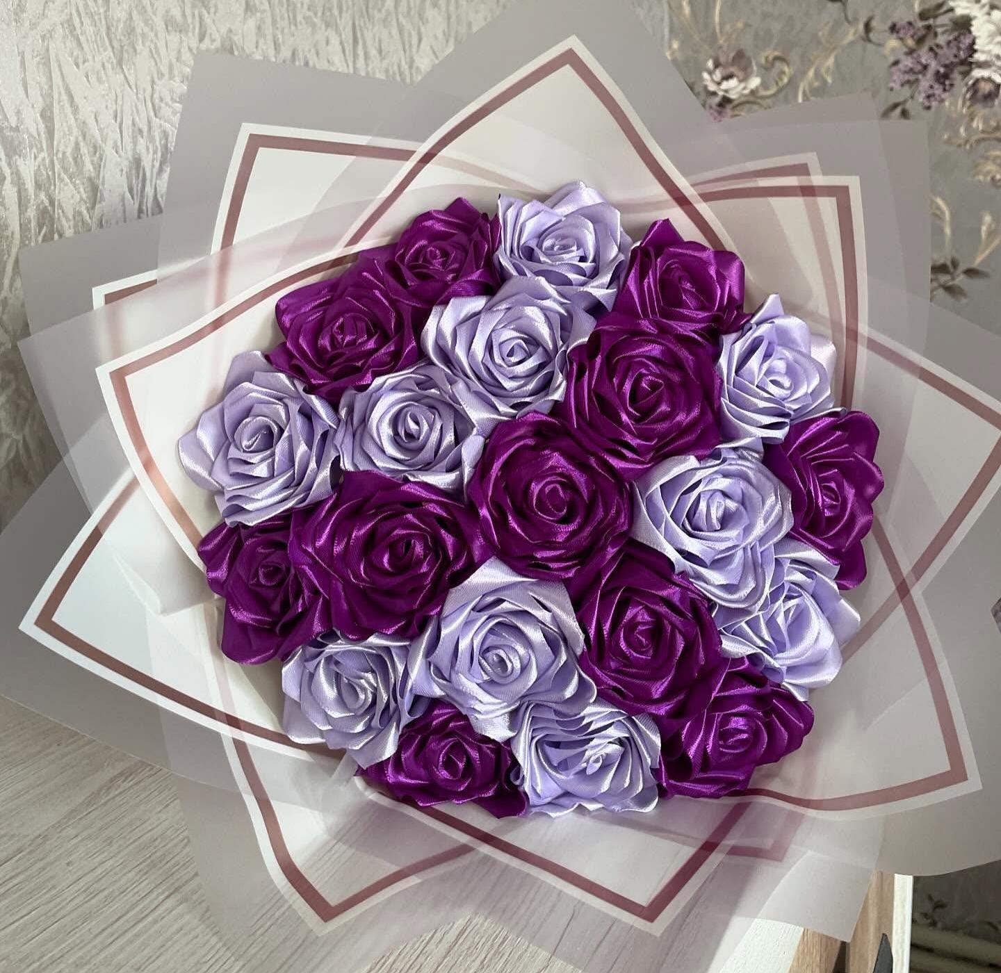 Custom Purple and Light Purple Eternal Rose, Bouquet Artificial Flowers, Customizable Ramo Buchon, Satin Ribbon Rose Everlasting Flower