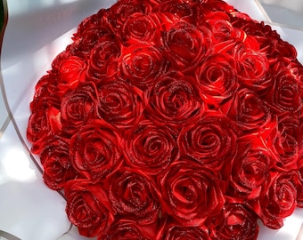 Elegant Red Graduation Bouquet Eternal Rose, Bouquet of Artificial Flowers, Customizable Ramo Buchon, Satin Ribbon Rose, Everelasting Flower