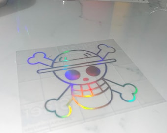 Calcomanía de vinilo reflectante de pirata con sombrero de paja, con purpurina holográfica y manchas de aceite.