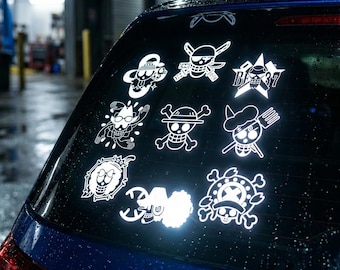 REFLECTIVE SET Straw Hat Pirate Crew Decal Set of 9-Piece Reflective Skull Flags Anime Car Sticker Vinyl Decal Sticker 4x4