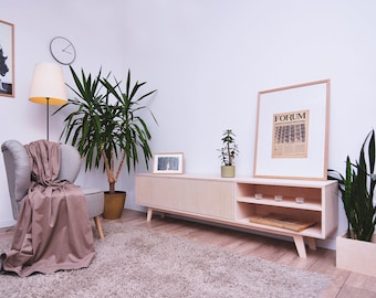 May include: A light wood entertainment unit with two shelves and a cabinet door. The unit has a light wood finish and is standing on a light wood floor. There are two plants, a lamp, and a chair in the room.