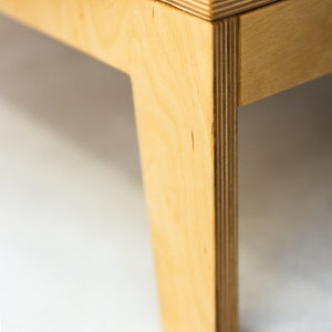 May include: Close-up of a wooden cabinet leg made of plywood. The leg is light brown and has a rectangular shape.