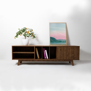 Buffet, support pour tourne-disque, console multimédia, armoire vintage, rangement pour disques vinyles, support pour platine vinyle, mobilier moderne du milieu du siècle, GUTI