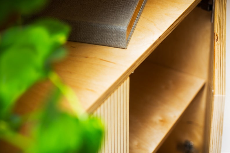 May include: Close-up of a light wood cabinet with open shelves. The cabinet has a textured wood grain and a light wood finish. The shelves are empty.