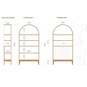 May include: A wooden arched shelf unit with five shelves and a slatted back panel. The shelf unit is 90 inches tall, 33 inches wide, and 21 inches deep. The shelves are 29 inches wide and 23.5 inches deep. The unit is shown in a side view, interior view, and exterior view.