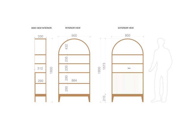 May include: A wooden arched shelf unit with five shelves and a slatted back panel. The shelf unit is 90 inches tall, 33 inches wide, and 21 inches deep. The shelves are 29 inches wide and 23.5 inches deep. The unit is shown in a side view, interior view, and exterior view.