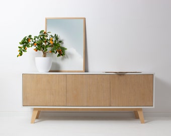 Mid Century Modern Birch Plywood Cabinet, Fluted Door Media Stand