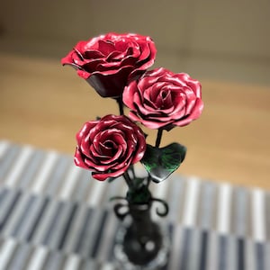 Hand-Forged Metal Rose Bouquet – 3 or More Roses with Metal Base | Custom Engraving Available