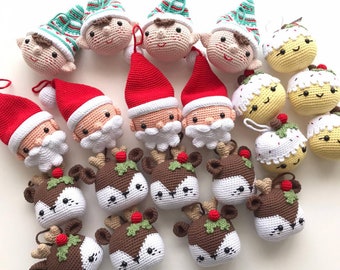 Crochet Christmas Tree Decorations: Santa, Elf, Pudding, Reindeer - Handmade Holiday Ornaments for Festive Home Decor and Gifts.