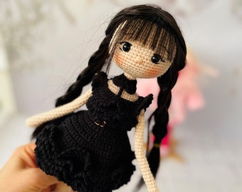 Handmade Crochet Wednesday  Inspired Doll - Raven Dress Special with Synthetic Hair