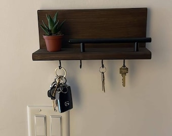 Key Holder with 3/4 Bar | Wall Mount | Wall Hooks | Stained | Entryway | Dorm | Apartment | Kitchen | Key holder for Wall | Floating Shelf