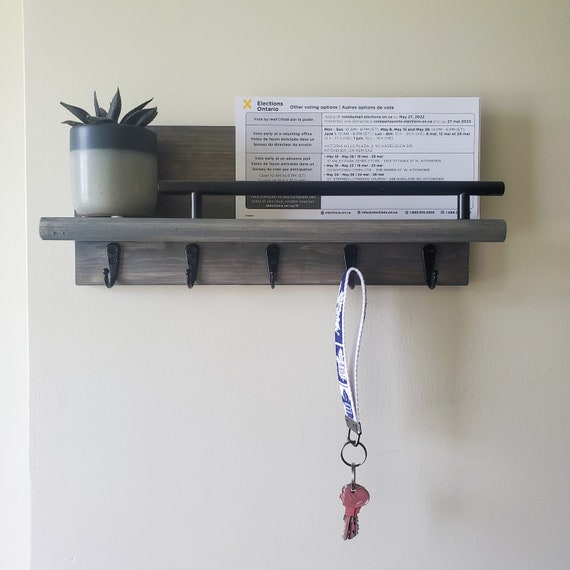 Large Key Holder with Bar | Wall Mount | 5 Wall Hooks | Stained | Entryway | Apartment | Kitchen | Key holder for Wall | Floating Shelf