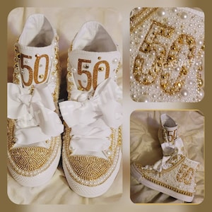 For ANY YEAR Birthday or Anniversary Party.  The 50 and Fabulous White Pearl and Gold Swarovski Crystal Hi Top Converse is pictured