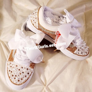 Custom Design Rose Gold Swarovski Crystals and White Pearls Old Skool Platform Vans Sneaker Bridal/ Prom/ Quinceañera/ Sweet 16th/ Birthdays