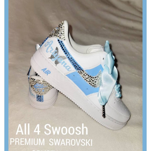 Custom Designed Nikes Air Force 1 Featuring Premium Swarovski Crystals Embellishments on Swoosh and Hand Painted Midsection