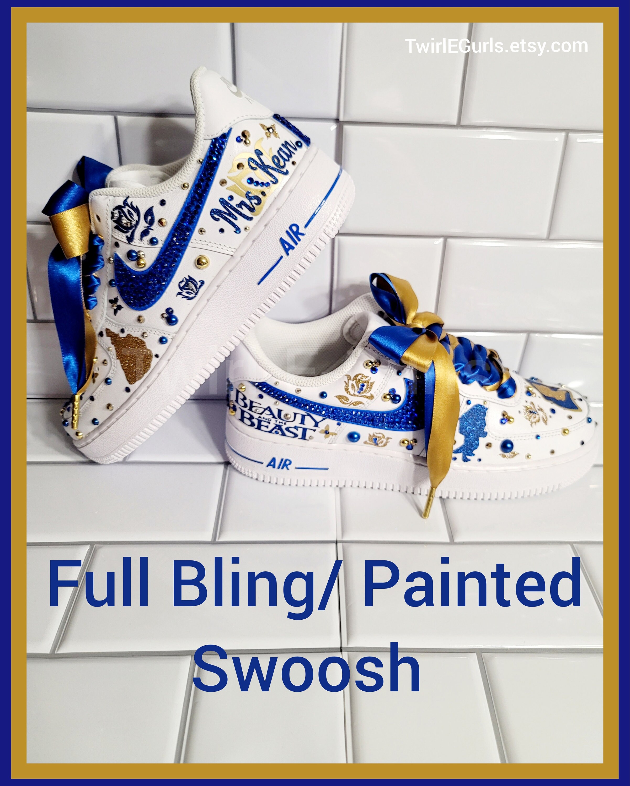 Nike Kids Blue and Gold Patterned Shoes A Tale as Old as Time... Blue and Gold Custom Nike Air Force  main image 4