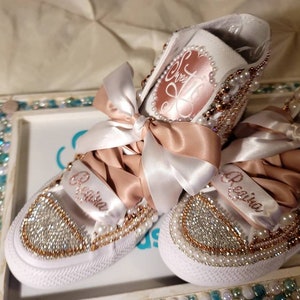 Sweet 16th B-days, Quinceañera/ Mis XV años, Prom Embellished Converse Hi-Top in Silver, Rose Gold or Gold Swarovski Crystal and Pearls