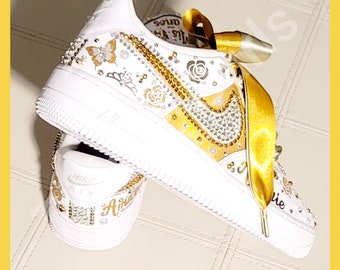 Sage and Gold, Custom Designed, Nikes Air Force 1, Featuring Premium Swarovski Crystals Embellishments on Swoosh and Hand Painted Midsection