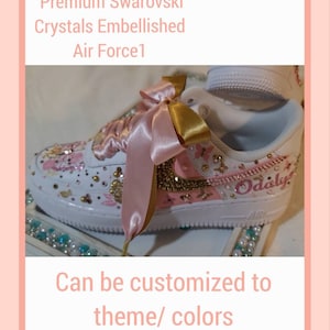 Pink and Gold, Custom Designed, Nikes Air Force 1, Featuring Premium Swarovski Crystals Embellishments on Swoosh and Hand Painted Midsection