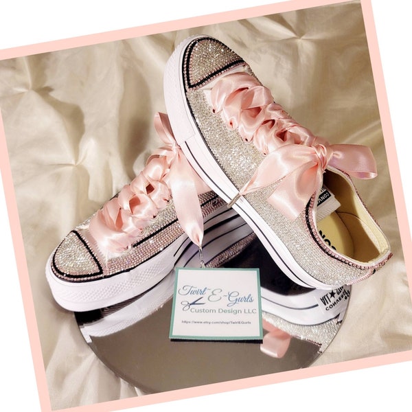 Pink and Black OR Pink and Green Swarovski Crystals Weddings/ Prom/ Quinceañera/ Sweet 16/ Mis XV años Custom Platform Design Converse