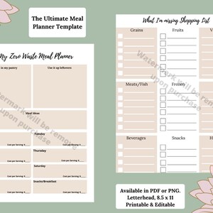 Puede incluir: Plantilla de planificador de comidas imprimible con fondo beige y detalles florales. La plantilla incluye secciones para "Mi planificador de comidas de cero residuos" y "Mi lista de compras que falta".