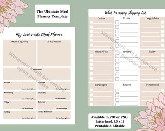 Puede incluir: Plantilla de planificador de comidas imprimible con fondo beige y detalles florales. La plantilla incluye secciones para "Mi planificador de comidas de cero residuos" y "Mi lista de compras que falta".