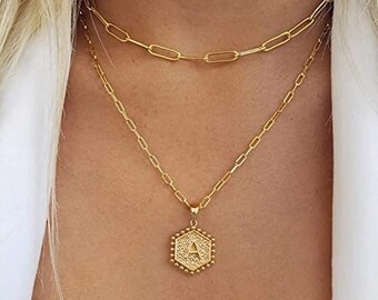 Layered Hexagon Pendant Letter Necklace