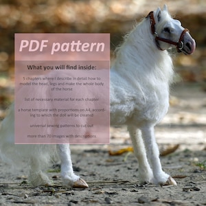 Modello PDF per creare una bambola artistica fatta a mano in quercia con una miniatura realistica di un cavallo bianco