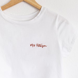Custom Mrs. Shirt Bridal Shower Gift | Personalized Hand Embroidered Shirt | Burnt Orange, Rust, Sienna