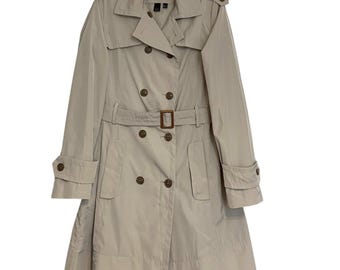 Vintage 90s Mango Trench Coat XL: Beige Polyester Knee-Length Overcoat