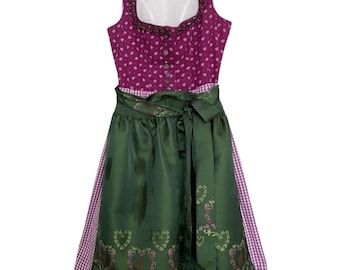 Vintage Landhaus Dirndl Dress Pink Magenta & Green Apron – Bavarian Oktoberfest Trachten Dress