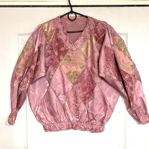 Pink Vintage Patchwork blouse  Puffy sleeve blouse  Rhinestone blouse