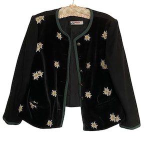 Vintage Embroidered Wool Dirndl Jacket: Black Velvet Trachten Blazer